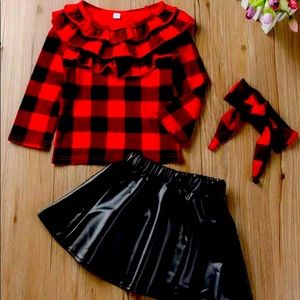 Girls 3 piece outfit. Includes shirt, skirt, and headband.